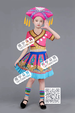 玫红斜襟蓝裙民族女童百褶裙2