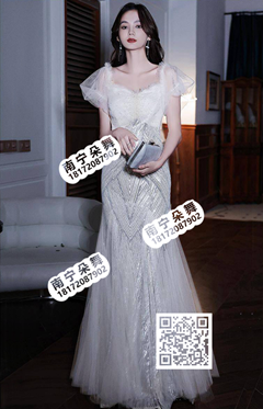 白色透纱灯笼袖亮片鱼尾长礼服