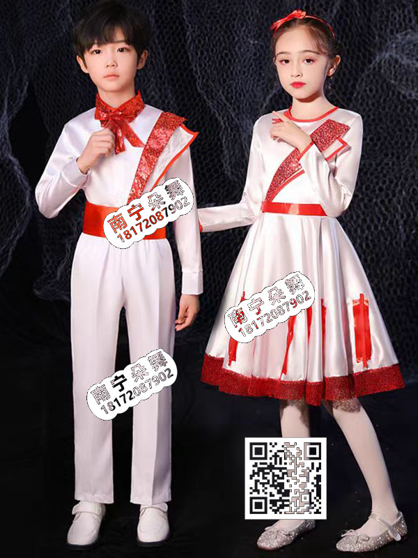 白衣红束带斜肩红腰+男女童