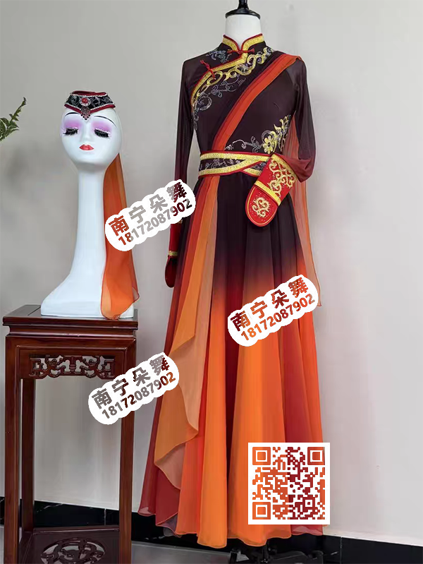 棕色渐变橙色斜襟飘逸蒙古女长裙