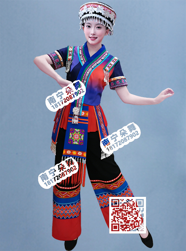 红蓝黑壮锦边短袖瑶族女裤装