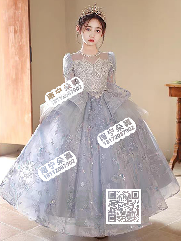 蓝纱亮钻镂空花胸女童礼服