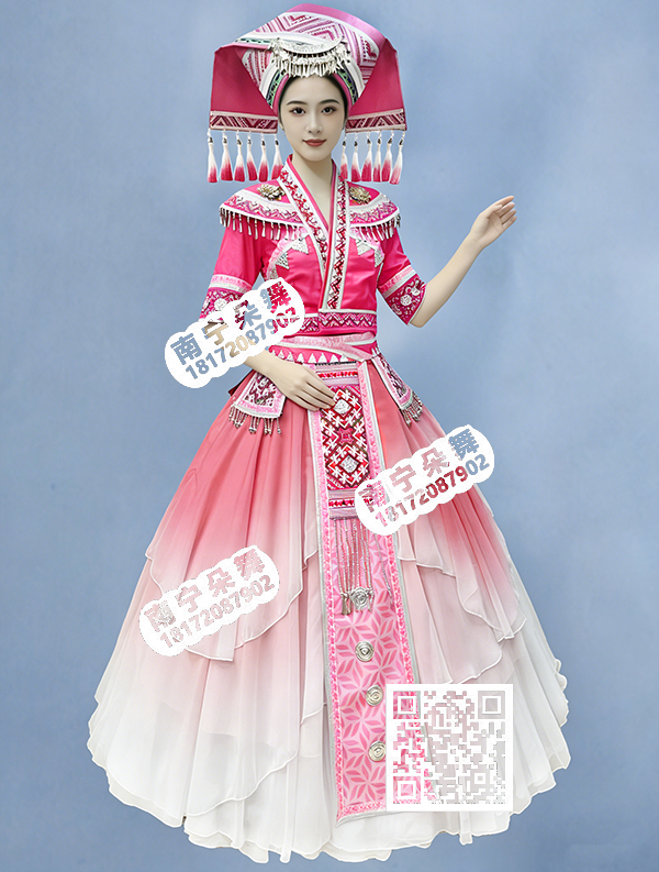 粉红渐变多层荷叶摆壮族大摆裙