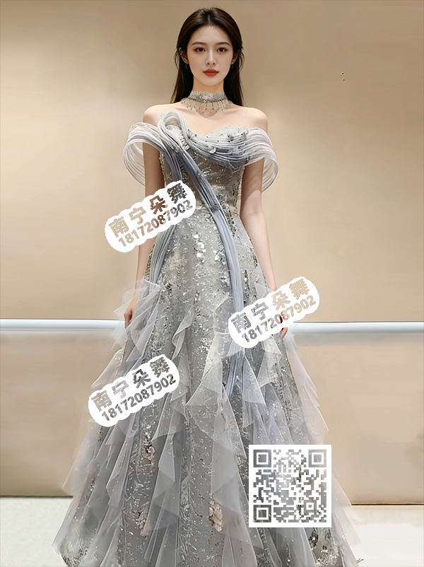 重工灰色飞天多钻荷叶纱长礼服