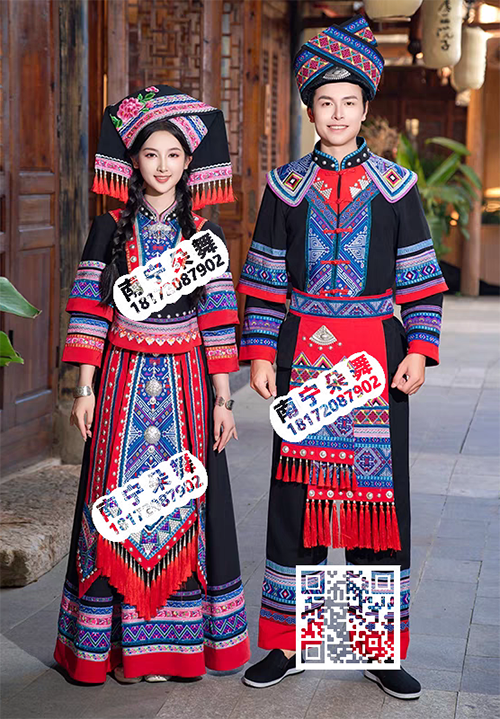黑红壮锦刺绣吊须男女壮族