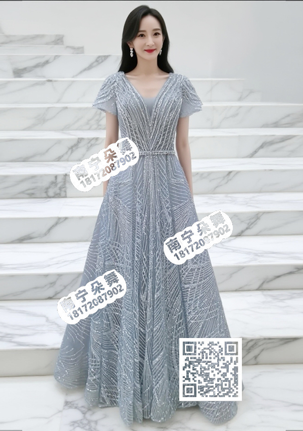 灰色网状水钻V领短袖礼服女