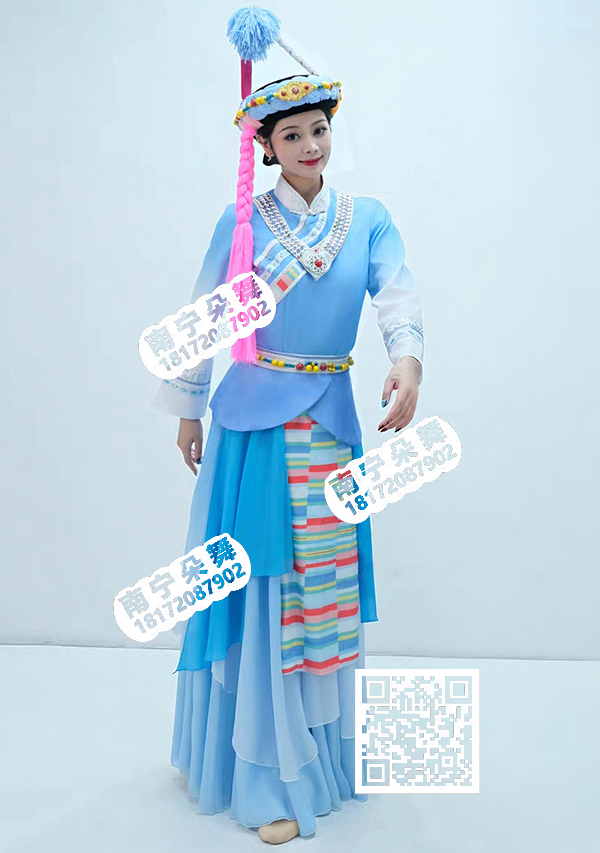 天蓝玫红辫绸缎多层裙藏族女装